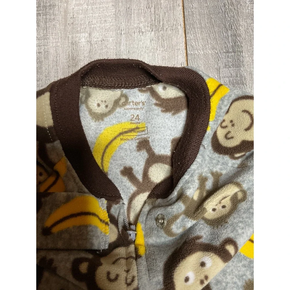 Carters 24M Monkey Banana Fleece Footed Pajamas Grey Brown Zip Up Sleeper
